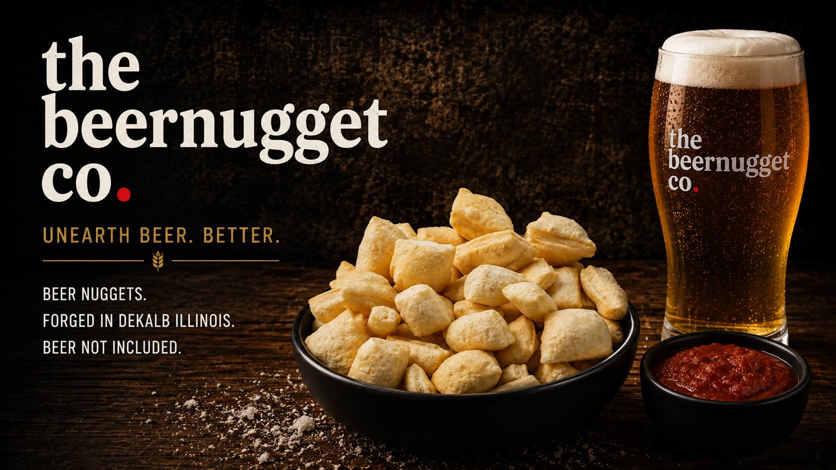 The Beer Nugget Co. — a bowl of golden fried beer nuggets, marinara dipping sauce, and a branded pint glass on a rustic wood table